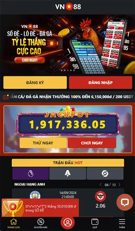 Giao diện app cá cược boáng đá uy tín Vn88 trên điện thoại